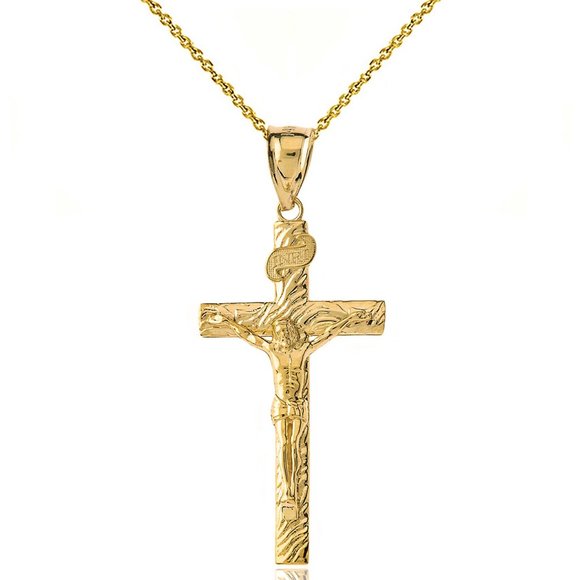 10K Solid Gold INRI Jesus of Nazareth Crucifix Wooden Texture Pendant Necklace